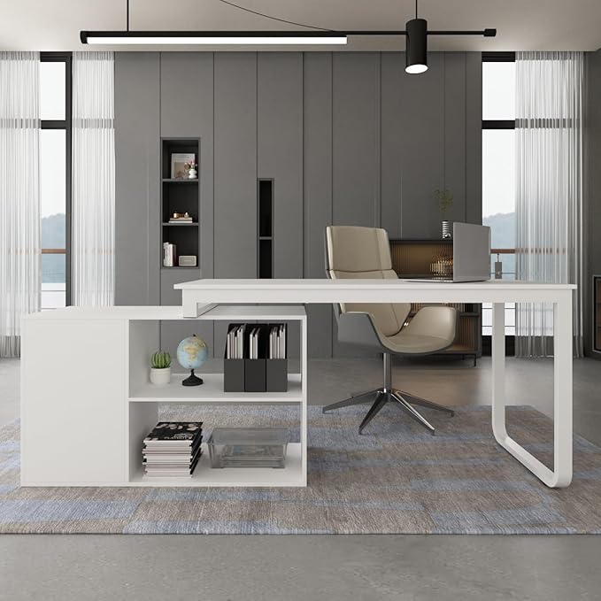 Hitow Reversible Office Desk with Storage Cabinet Executive Computer Desk Writing Table Rotatable to 96.4 Wide or as L Shape Desk Metal Legs Corner Workstation for Home Office White
