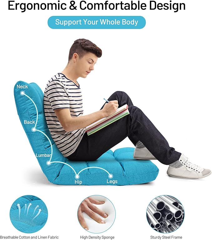 Giantex Floor Sofa Chair Video Gaming Chair with 14 Adjustable Position Padded Back Support Floor Cushioned Seat Folding Lazy Chair for Meditation Reading Watching Living Room Recliner(Turquoise)