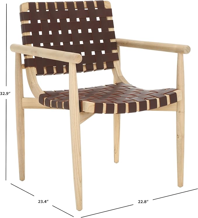 SAFAVIEH Home Collection Dionne Natural Sungkai Solid Wood/Cognac Brown Leather Woven Accent Chair (Fully Assembled)