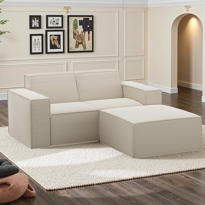 Cozy Castle 71 Loveseat Sofa L Shaped Comfy Corduroy Boneless Couch with Deep Seat and Ottoman Chaise Cloud Sofa Upholstered Couches for Living Room Bedroom No Assembly Required (Beige)