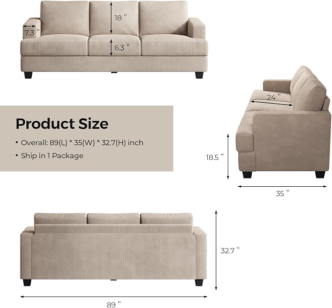 Fadware Sofa Couch 3 Seater Sofa with Suppleness Armrests Fabric Deep Seat Sofa with Upholstered Cushion&amp Backrests Modern Comfy Couch for Living Room Apartment