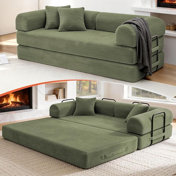 79 Corduroy Sofa Bed Boneless Couch in a Box with 2 Pillows High-Density Foam 4-in-1 Foldable Sleeper Futon Loveseat for Small Spaces No Assembly Side Pockets Green