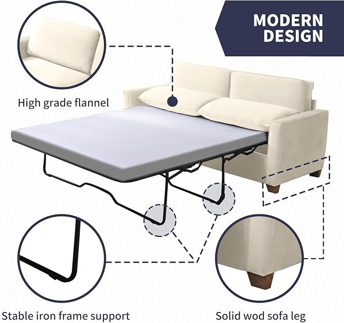 ZAFLY 70 Pull Out Sofa Bed Convertible Sleeper Sofa with Memory Foam Mattress Velvet Modern Couch Bed for Home Apartment Easy Assembly - Beige