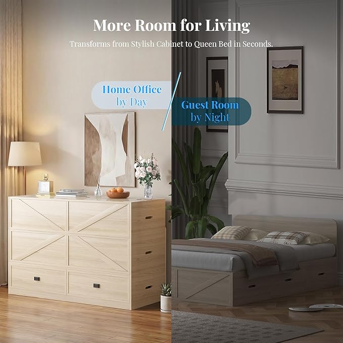 PUREMIND Murphy Bed Queen with Mattress Included Wood Cabinet Bed with Dual Storage Drawers &amp 2 Pillows 3-in-1 Convertible Sofa Beds for Small Space Guest Room Home Office Natural