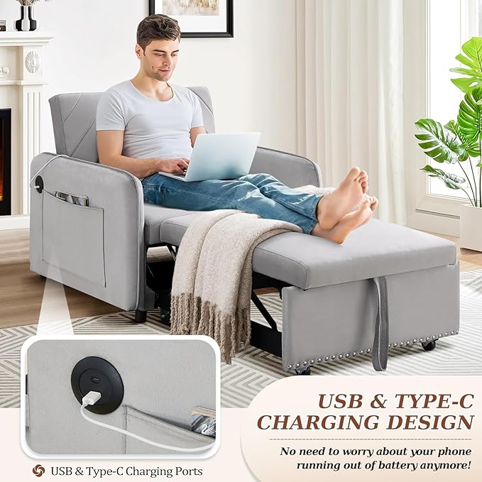 Convertible Sleeper Chair Bed3 in 1 Velvet Tufted Upholstered Single Sleeper Sofa with Adjustable Backrest&ampUSB PortPull Out Recliner Lounger Bed for Living RoomOfficeApartmentSmall Space(Grey