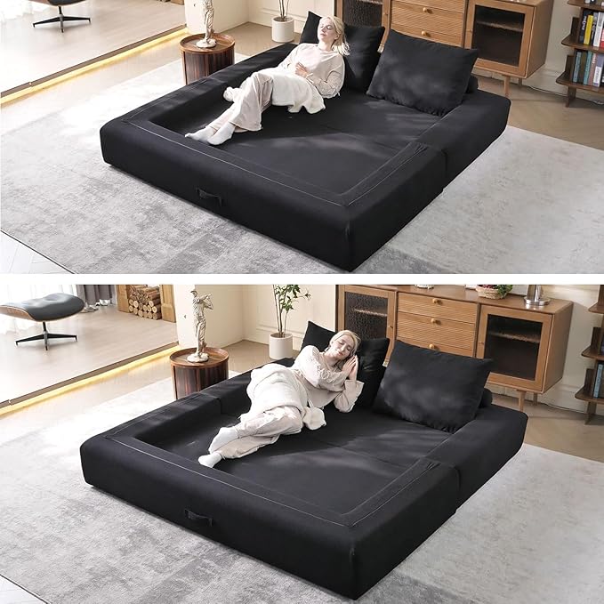 79'' Convertible Sleeper Sofa Bed 3-in-1 Foldable Floor Couch with Corduroy Upholstery No Assembly Loveseat Light Brown Lounge Mattress for Living Room Studio Guest Room (Black)