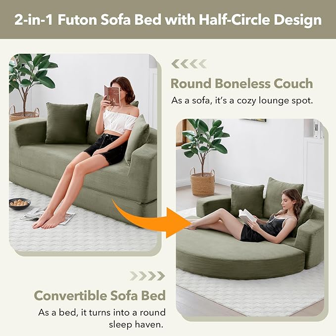 Round Boneless Couch Corduroy Upholstered Folding Convertible Sofa Bed with Pillows 2-in-1 Futon Sofa Bed with Half-Circle Design Comfy Loveseat for Living Room Apartment (Green)