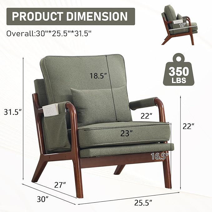 ANJ Mid Century Modern Accent Chair Lounge Reading Armchair with Extra Side Pocket &amp Detachable Cushion Comfy Fabric Accent Chairs for Living Room BedroomGreen