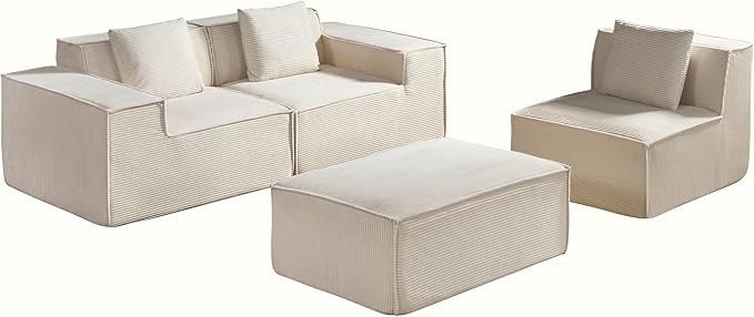 Rowan Convertible Corduroy Sectional Couch with Ottoman &amp Pillows Modular L Shaped Sleeper Sofa Boneless Cloud Couch for Living Room Furniture Beige