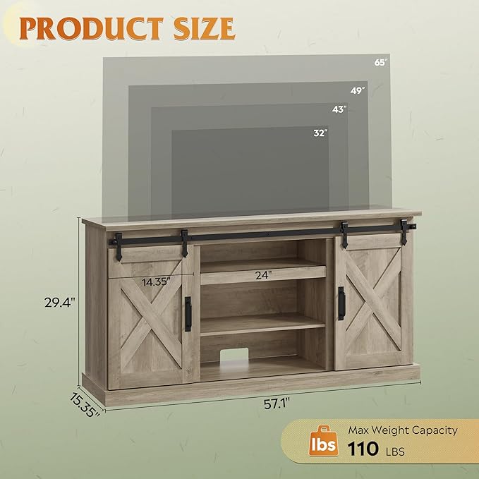 WLIVE Farmhouse TV Stand for TVs up to 65 Modern Media TV Console with Sliding X-Shaped Barn Doors Entertainment Center with Storage Cabinets for Living Room Grey Oak