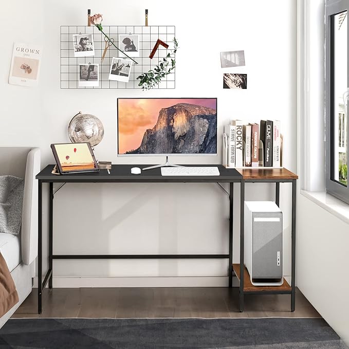 Multifunctional Computer Desk Industrial Study Writing Desk w/Removable Storage Shelf Heavy-Duty Metal Frame 55 Inch Desk for Home Office Gaming Room Bedroom (Black)