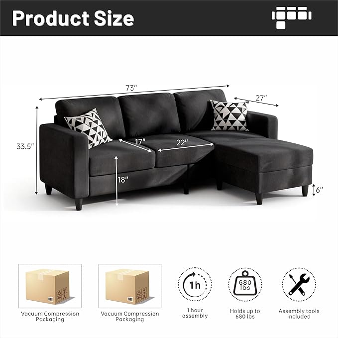 73 Small Sectional Sofa with Reversible Chaise Linen Fabric L-Shaped Couch with Solid Oak &amp Iron FrameHigh-density Sponge Spring Seat CushionRemovable Sofa Cover Compact Apartments and Studios