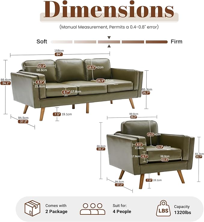 Kingfun Living Room Furniture Sets 3 Seater Couch and Armchair Mid Century Modern Sofa Set Faux Leather Couch with Solid Wood Frame for Living Room &amp Bedroom Olive Green