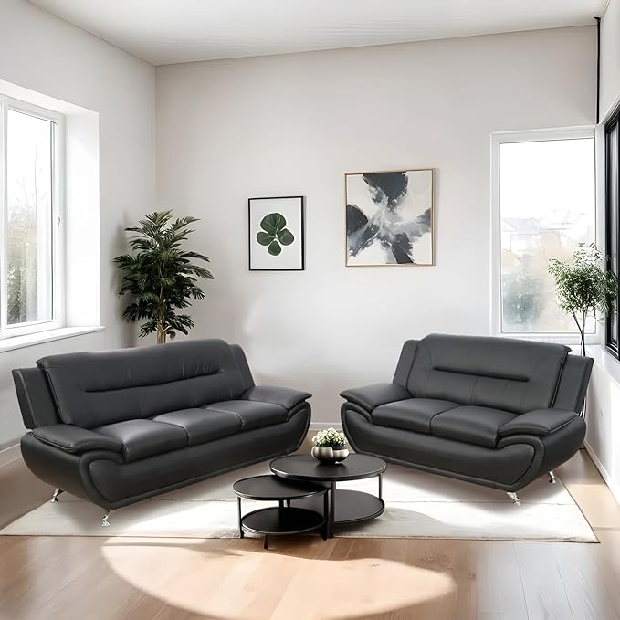 2 Piece Living Room Furniture Set Sectional Sofa Couches Black Leather Sofa Set Modern Sofa Couch Set for Living Room/Bedroom/Office Black#2
