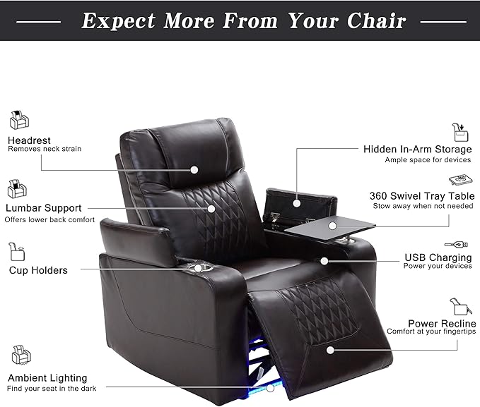 Merax Electric Recliner Chair with USB Charge Port 360 Swivel Tray Table Hand in-Arm Storage and Cup Holders Ambient Lighting - Ambient Lighting Gaming Recliner Chair Home Theater Seating