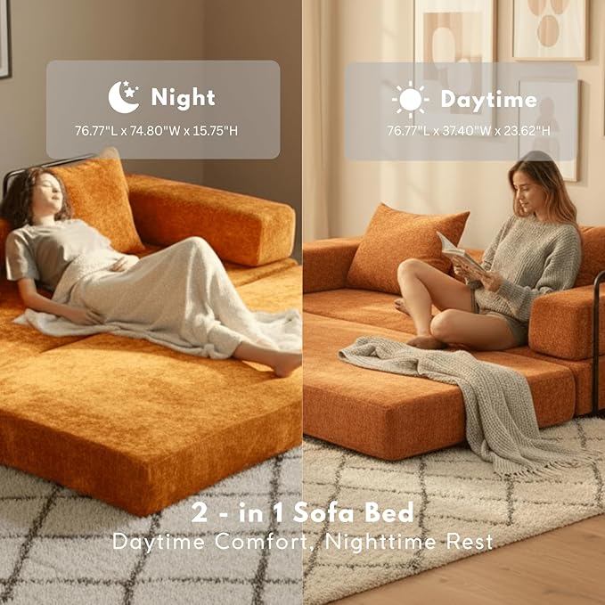 Alpen 77 Convertible Sleeper Sofa Bed with Pillow - Chenille Fabric &amp High-Density Sponge &amp Fixed-Shape Frame Modular Sofa for Living Room/Lounge/Studio Orange