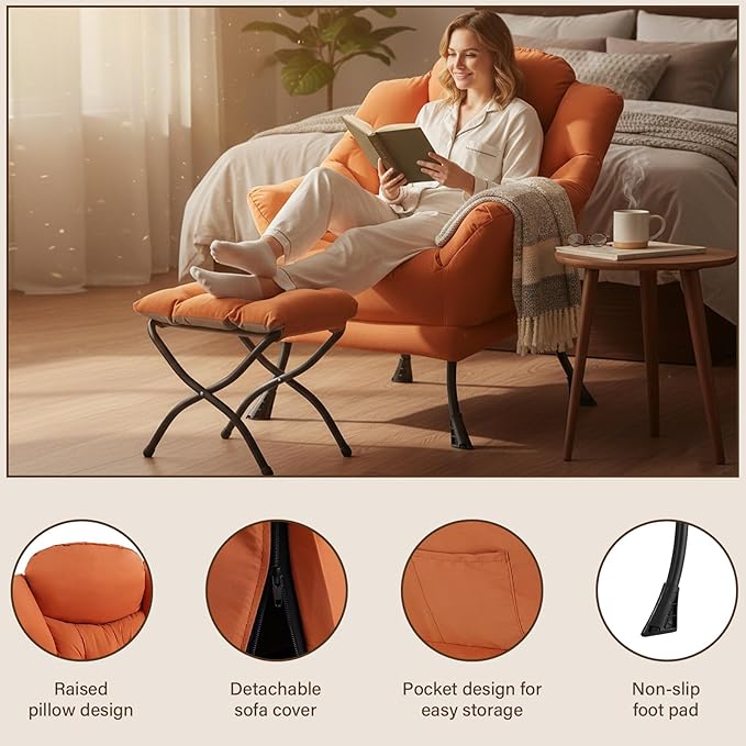 Welnow Lazy Chair with Ottoman for Living Room Modern Reading Accent Chair with Armrests and a Side Pocket Leisure Upholstered Lazy Sofa for Small Space Bedroom Dorm Orange