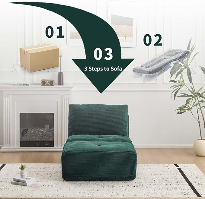 Single Chaise Longuewith Movable Ottoman Memory Foam Compressed Sofa with Pillows Soft Corduroy for Living Room (Green 1 Seat)