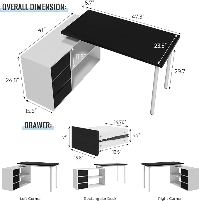 L Shape Small Desk - Computer Corner Desk with 3 Drawers and 2 Shelves 53 inch Home Office Table with Storage Cabinet for Gaming Writing Study White+Black