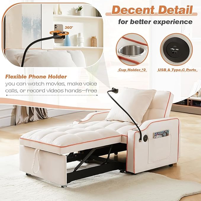 Sleeper Sofa Chair Bed 3 in 1 with Charging Ports Phone Holder &amp Cup Holders - Modern Velvet Convertible Pull Out Single Sofa Bed for Small Spaces Apartment Dorm (Beige)