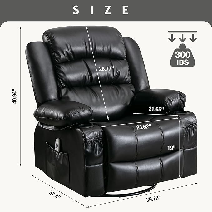 Electric Recliner Chairs for Adults Massage Recliner Chair with Heat 360 Swivel Recliners Chair for Living Room with 2 Cup Holders &amp USB Charge Port Rocking Function and Side Pocket (Black)
