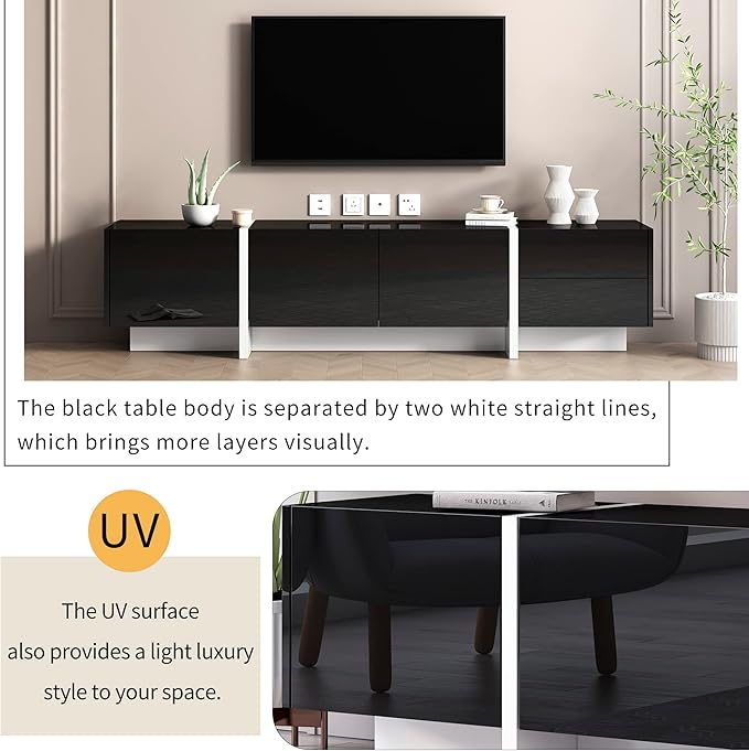 Merax Contemporary Rectangle Design TV Stand for Television Up to 80 Unique Style Console Table Modern Storage Cabinet with High Gloss UV Surface for Living Room Black