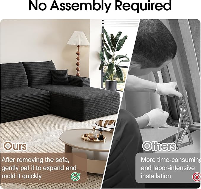 107.5 L-Shaped Sectional Modern Boneless Corduroy Couch with Chaise-No Assembly Required! Deep-Seat Upholstered Modular Cloud Sofa for Living Room Plush Corduroy Fabric (BlackRight Facing Chaise)