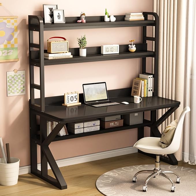 Computer Desk with Storage Shelves and Bookshelf Industrial Desk with Sturdy Metal Frame Solid Wood PC Table Workstation for Home Office(31 W x 69 H x 23.6 D Black)