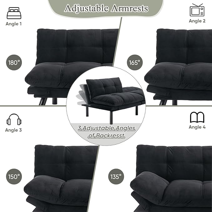 Convertible Velvet Futon Sofa Bed Comfy 72 L Sleeper Couch with Thicker Cushion Upholstered Modern Reclining Loveseat Folding Sofa for Small Living Room Dorm Apartment Office Deep Black