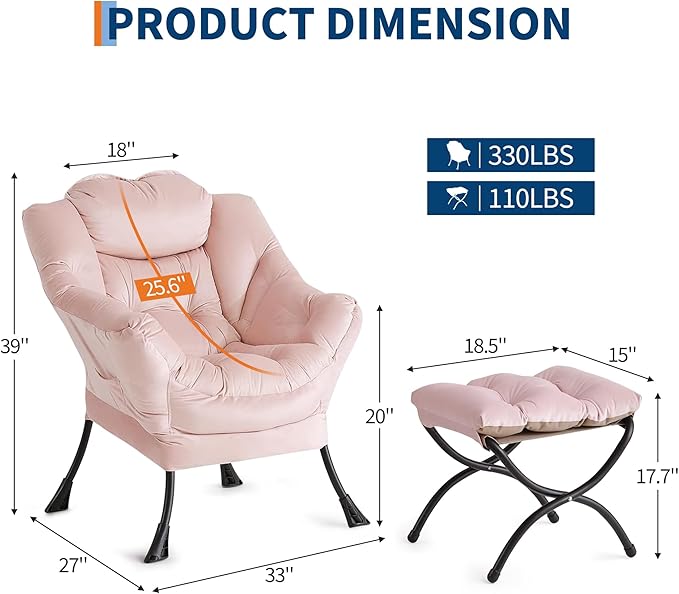 GarveeHome Lazy Chair with Ottoman Modern Lounge Accent Chair Leisure Sofa Armchair with Footrest Reading Armchair with Side Pocket for Living Room Bedroom Dorm &amp Office