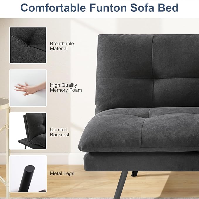 MUUEGM Futon Sofa Bed Couch - Convertible Sofa Bed Loveseat Sleeper Sofa with Adjustable Backrest Memory Foam Folding Futon for Living Room Small Space Apartment Office Gray to Black