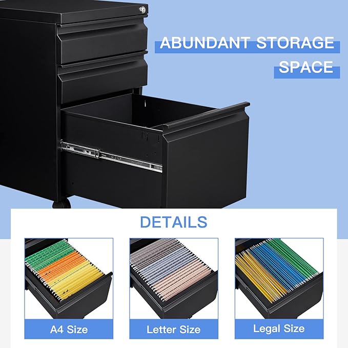 Yizosh 3 Drawer Mobile File Cabinet with Lock Black Under Desk Rolling Filing Cabinet Metal Locking File Cabinet on Wheels for Legal/Letter/A4 File (Required Assemble)