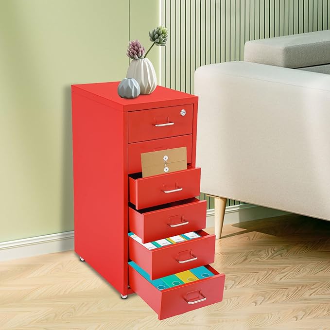 6 Drawers Mobile File Cabinet Rolling Vertical Filing Cabinet Under Desk Storage Organization 16 D x 11 W x 27 H (Red)