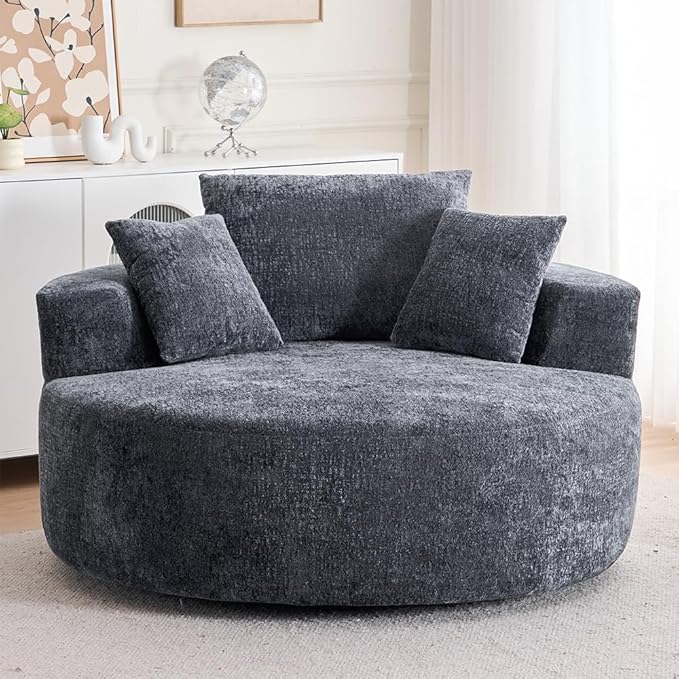 KEIKI Oversized 360 Degree Swivel Chair Large Barrel Chairs Upholstered Round Swivel Chair Chenille Single Sofa Armchair Sleeper Chair for Living Room Lounge Gray