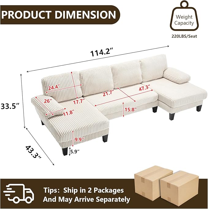 114.2 U-Shaped Sectional Sofa for Living Room Corduroy U-Shaped Couch with Double Chaises and Comfortable Backrest 4-Seater Comfy Cloud Sofa for Office &amp Small Space (White)