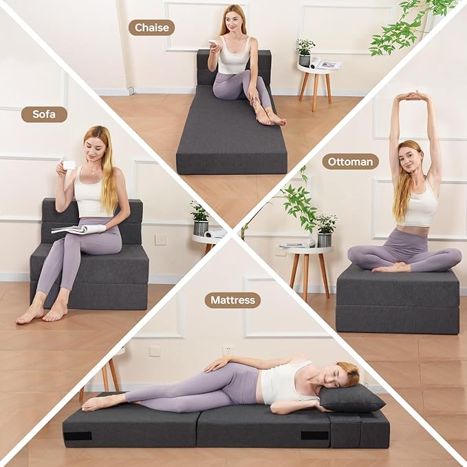 Folding Sofa Bed Foldable Sleeper Chair with Washable Cover Convertible Futon Sofa Bed with Pillow Fold Out Couch for Living Room Dorm Guest Room Single Size Dark Grey