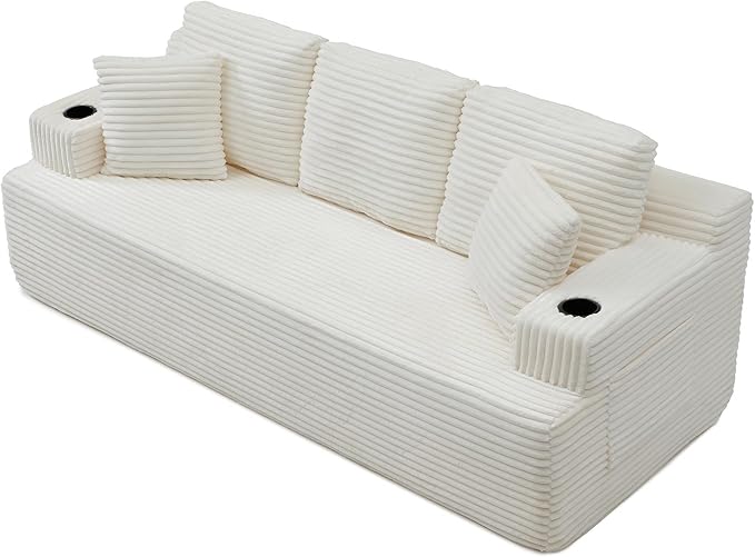 Eafurn Floor Loveseat Boneless Sofa Couch in a Box with Cup Holder and Side Pockets 3 Seater Comfy Corduroy Upholstered Foam Couch with Deep Seating for Living RoomNo Assembly | Breathable material
