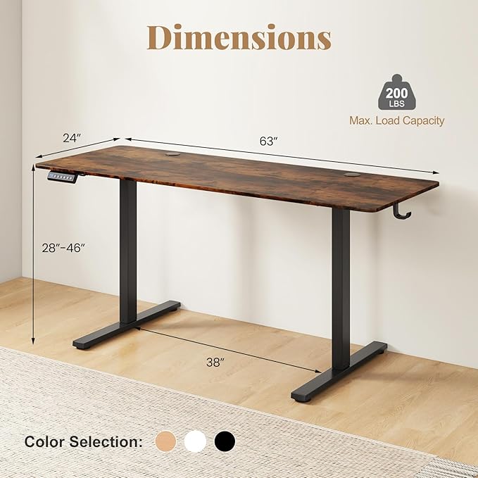 Giantex 63 x 24 Electric Standing Desk with Adjustable Height Stand up Computer Workstation with Cable Hole Hook Modern Gaming Table Ergonomic Sit Stand Desks for Home Office (Rustic Brown)