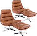 Modern Swivel Accent Chairs with Ottoman Set of 2 PU Leather Oversized Armless Reading Chairs with Footrest 33'' Wide Upholstered Lounge Chairs with Footstool for Living Room Bedroom Comfy Brown