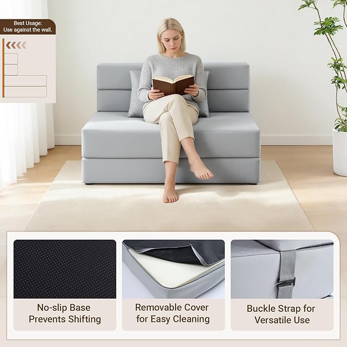 BeBen Folding Sofa Bed Boneless Foldable Chair Bed Convertible Futon Sleeper Chair Couch Twin Lazy Floor Lounger Sofa Couch for Small Spaces Dorm Guest Room Living Room Apartment Grey