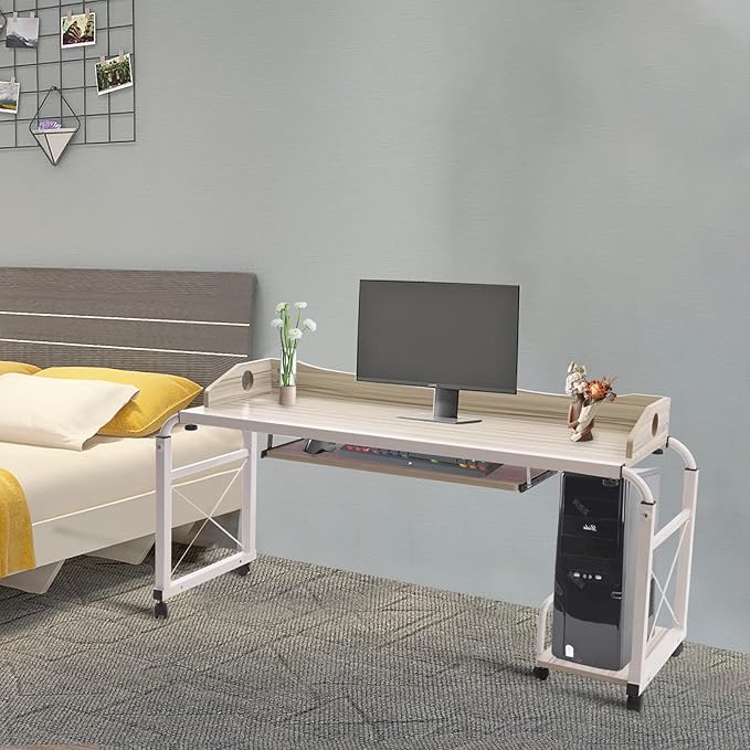 83 in-Lenght Height Adjustable Standing Desk Rolling Laptop Computer Desk with Wheels Storage Cabinets Mobile Computer Table Bed Desk Rising Table Writing Work Station for Home Office Study