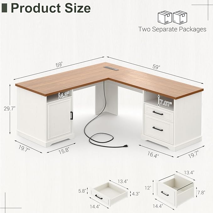 Unikito Farmhouse L Shaped Executive Desk with File Drawers 60 Corner Computer Desk with Power Outlets Large 2 Person Home Office Table with Storage Cabinet Sturdy Writing Desk White and Brown