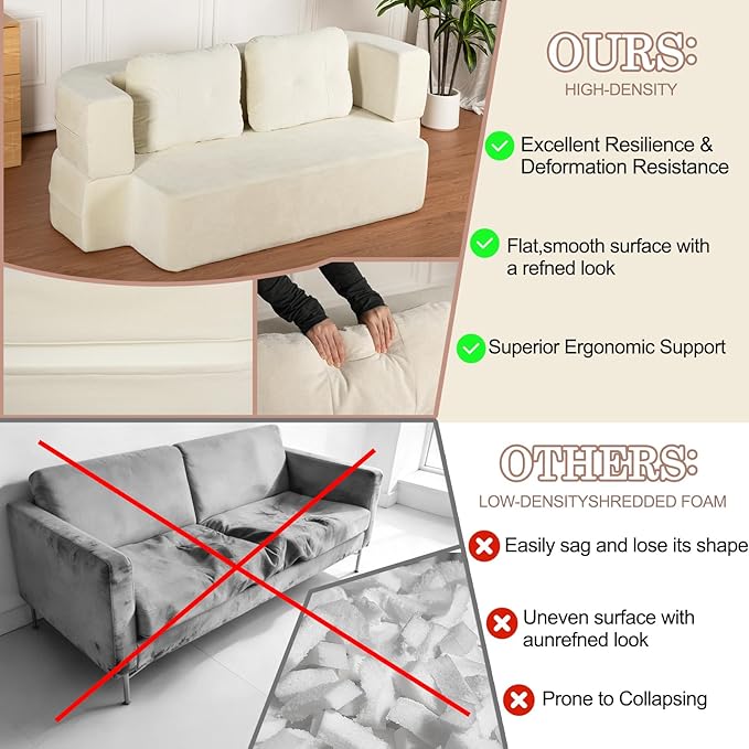Folding Sofa Bed 78.7 Extra-Long Convertible Sofa Bed with 2 Pillows &amp Blanket 14.6 Thick High-Density Foam Boneless Couch for Bedroom Living Room Apartment Beige
