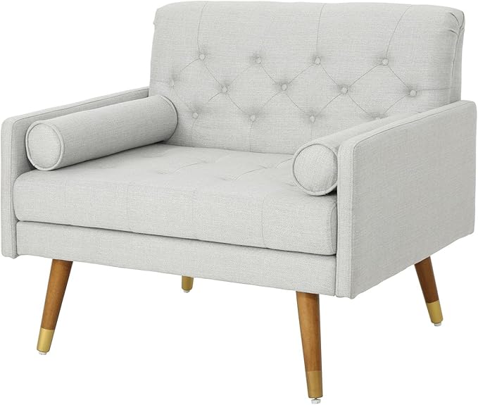 38 Comfy Chair and A Half with Button Tufted Backrest Round Armrest Pillows Mid Century Modern Oversized Accent Chair with Wood Legs for Living Room Bedroom or Small Spaces (Light Grey)