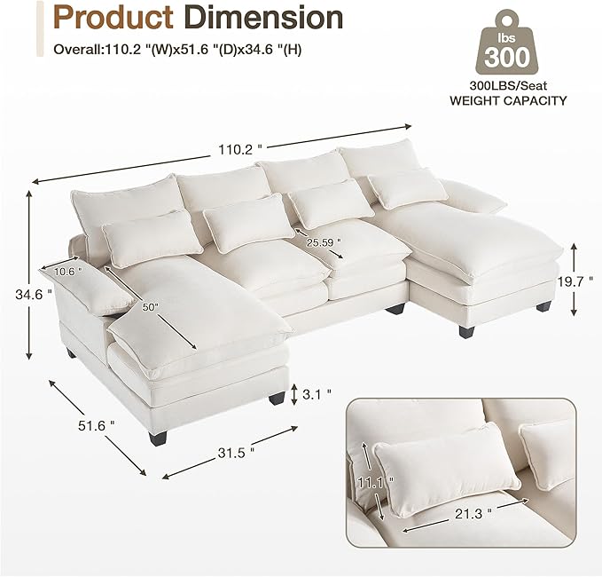 110.2 Modular U Shaped Cloud Couch Modern 4-Seat Chenille Upholstery Sectional Sofa with Double Chaise &amp Double Layer Cushions Deep Seat Comfy Couch for Living Room Bedroom Apartment Beige