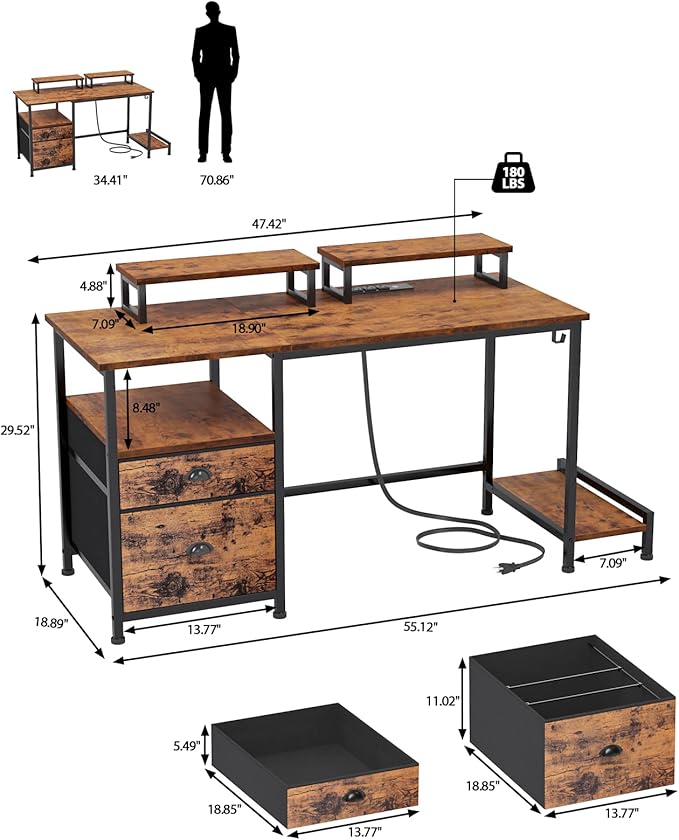 Furologee 47 Inch Computer Desk with Power Outlet Home Office Desk with Monitor Stand File Drawers Cabinet CPU Stand &amp Hooks Writing Table for Bedroom Study Work Rustic Brown (Rustic Brown)