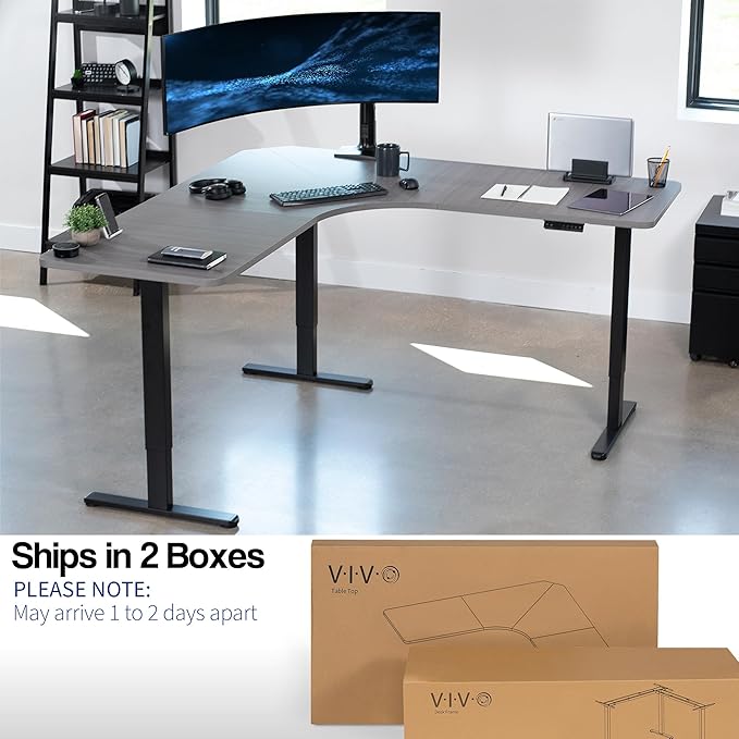 VIVO Electric Height Adjustable 71 x 71 inch Curved Corner Stand Up Desk Dark Gray Table Top Black Frame Memory Controller L-Shaped Workstation E3C Series DESK-KIT-E3CBG