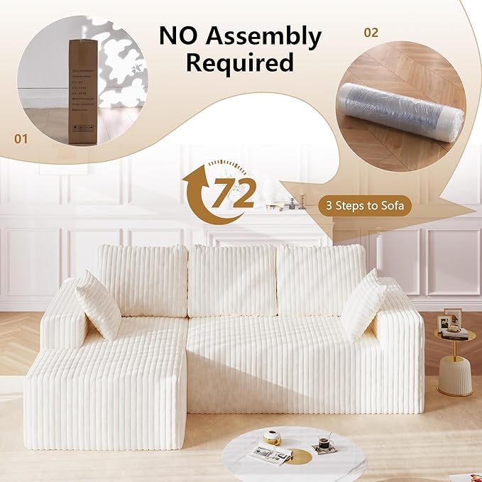 94 L Shape Sectional Sofa 3 Seat Memory Foam Cloud Couch No Assembly Required Oversized Chaise Modular Couches for Living Room Office Apartment - Left Facing Chaise White