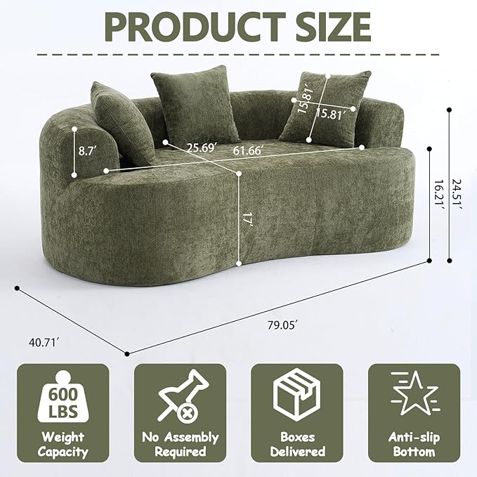 80 Curved Loveseat for Small Spaces Green Curved Couches for Living room Compression Sofa in a Box with 3 Pillows Small Couch for Bedroom with Wide Armrest &amp Memory Foam No Assembly Required