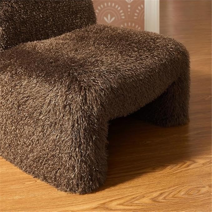 MAKLAINE Contemporary Faux Fur Upholstered Accent Chair Brown Shaggy Fabric Rounded Low-Profile Armless Design Sled Base with Non-Marking Foot Caps Living Room or Bedroom Seating